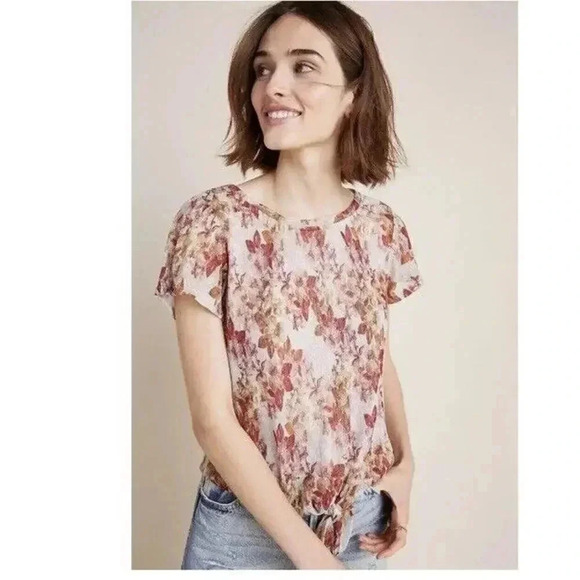 Anthropologie Eva Franco Metallic Floral Tie Front Short Sleeve Shirt Sz Medium - Picture 2 of 11